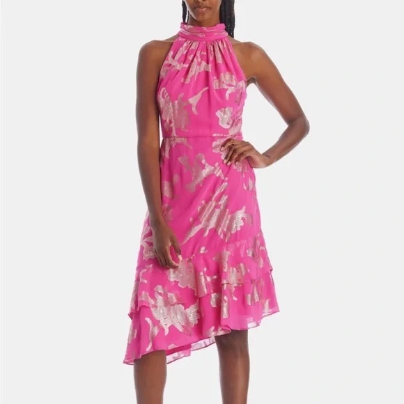 NWT Adrianna Papell Floral Foiled Pink Chiffon Dress - Picture 1 of 12